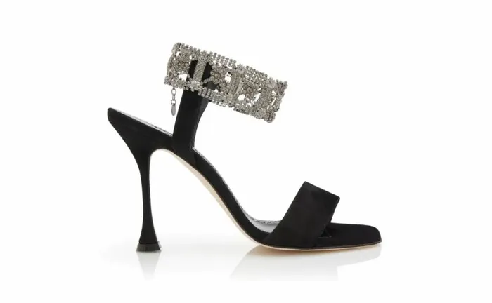 Women Black Suede Embellished Ankle Strap Sandals Manolo Blahnik Sandals