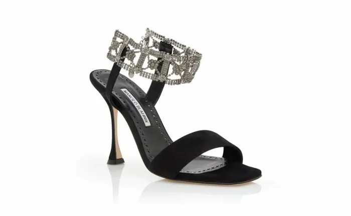 Women Black Suede Embellished Ankle Strap Sandals Manolo Blahnik Sandals