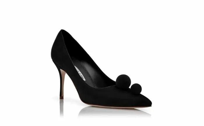 Women Black Suede Pom Pom Detail Pumps Manolo Blahnik Pumps