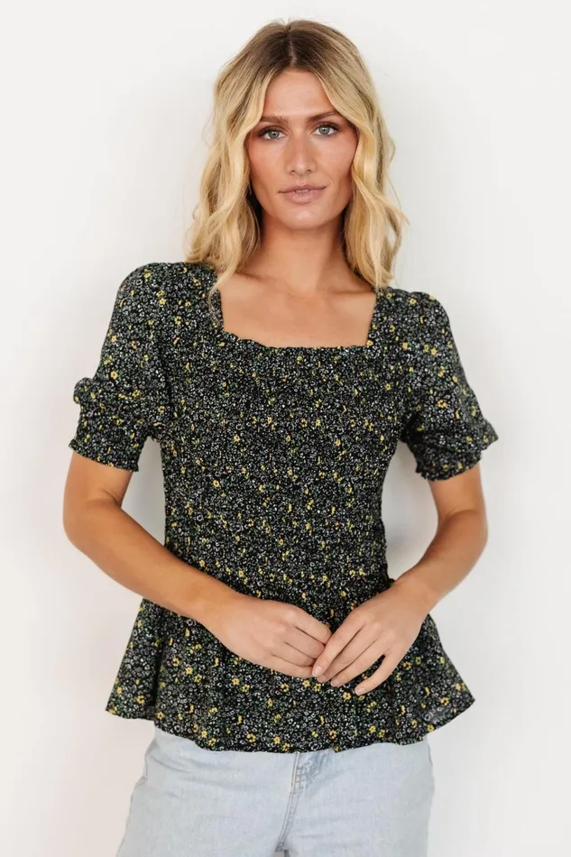 Women Blouses Shirts Baltic Born Felice Smocked Top Black Print