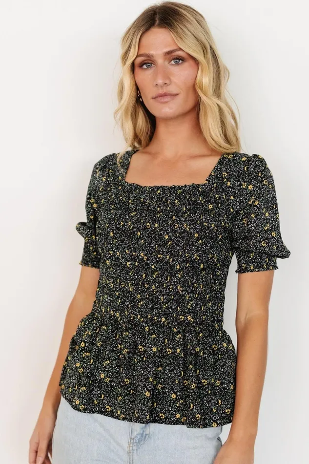 Women Blouses Shirts Baltic Born Felice Smocked Top Black Print