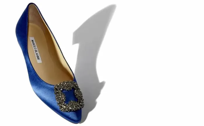 Women Blue Satin Jewel Buckle Flat Pumps Manolo Blahnik Flats