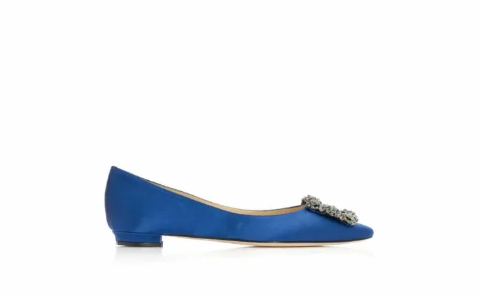 Women Blue Satin Jewel Buckle Flat Pumps Manolo Blahnik Flats