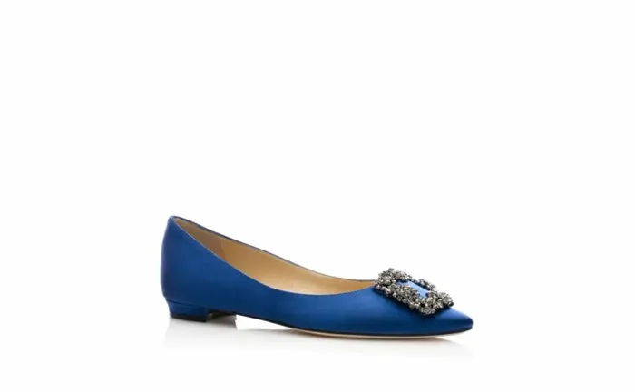 Women Blue Satin Jewel Buckle Flat Pumps Manolo Blahnik Flats