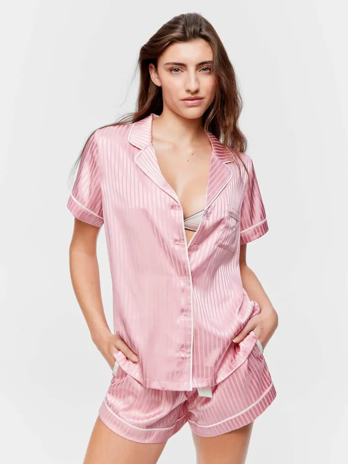 Women Blush Stripe Chic Satin Shortie Pj Set Blush Peter Alexander Sets and Onesies