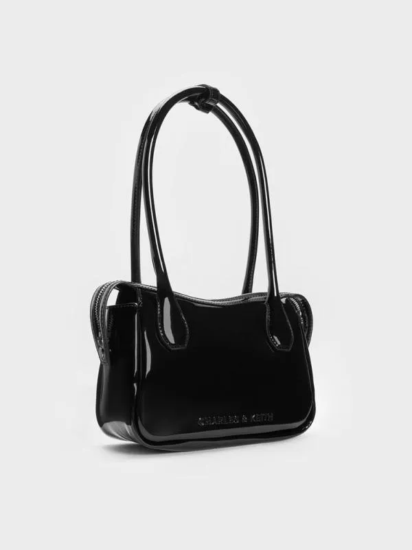 Women Bosie Patent Elongated Top Handle Bag 8211 Noir CHARLES and KEITH Tote Bags