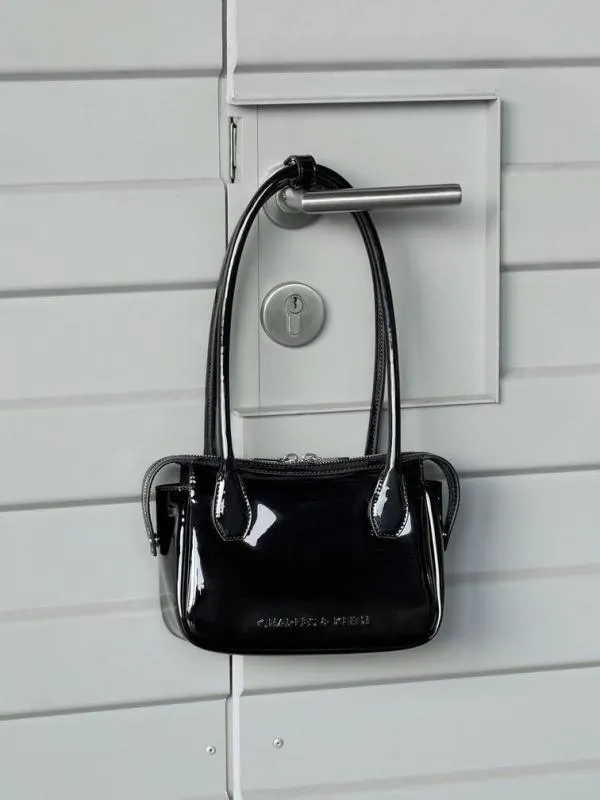 Women Bosie Patent Elongated Top Handle Bag 8211 Noir CHARLES and KEITH Tote Bags