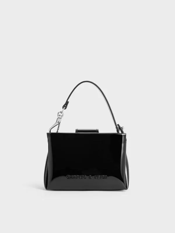 Women Bosie Patent Top Handle Pouch 8211 Noir CHARLES and KEITH Wallets On Chain