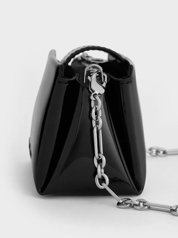 Women Bosie Patent Top Handle Pouch 8211 Noir CHARLES and KEITH Wallets On Chain