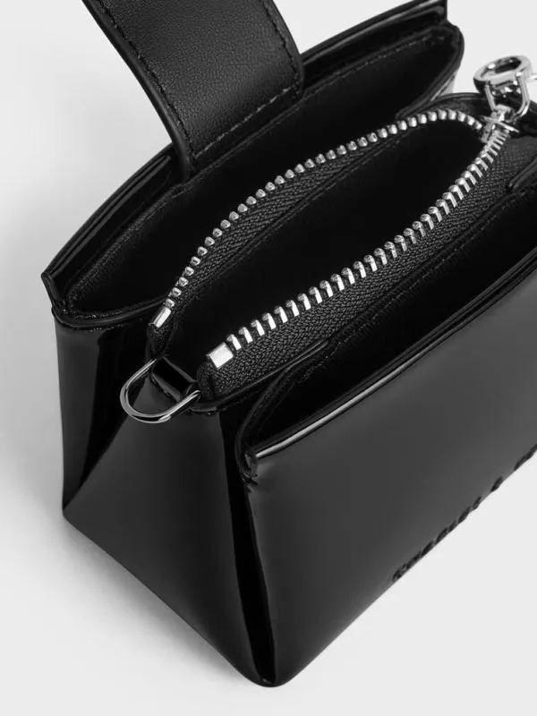 Women Bosie Patent Top Handle Pouch 8211 Noir CHARLES and KEITH Wallets On Chain