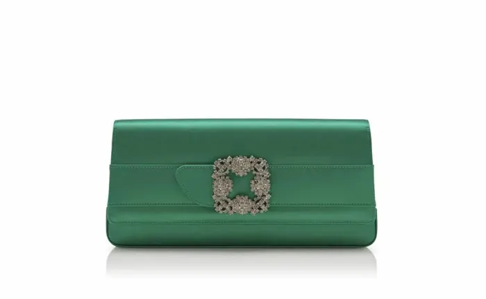 Women Bright Green Satin Jewel Buckle Clutch Manolo Blahnik Bags