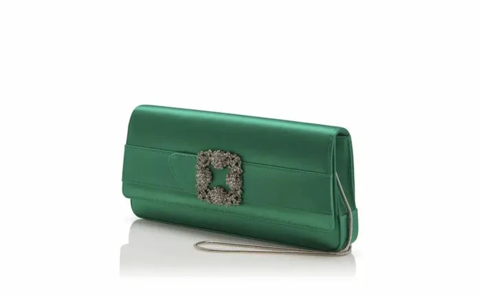 Women Bright Green Satin Jewel Buckle Clutch Manolo Blahnik Bags