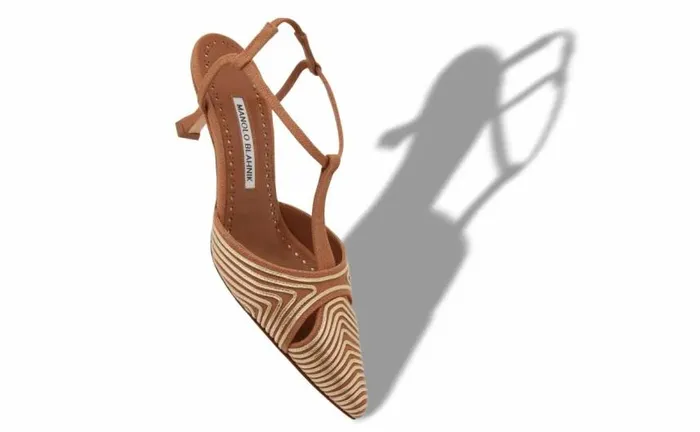 Women Brown Cotton TBar Pumps Manolo Blahnik Pumps