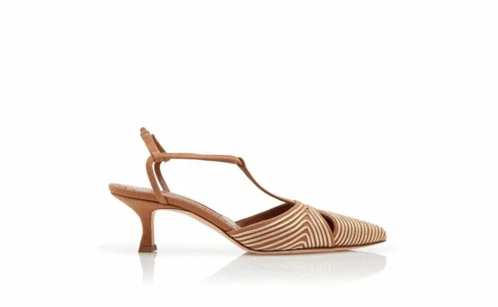 Women Brown Cotton TBar Pumps Manolo Blahnik Pumps