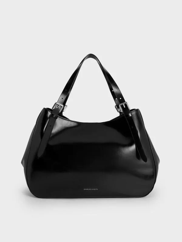 Women BuckleStrap Slouchy Tote Bag 8211 Noir CHARLES and KEITH Slouchy Bags