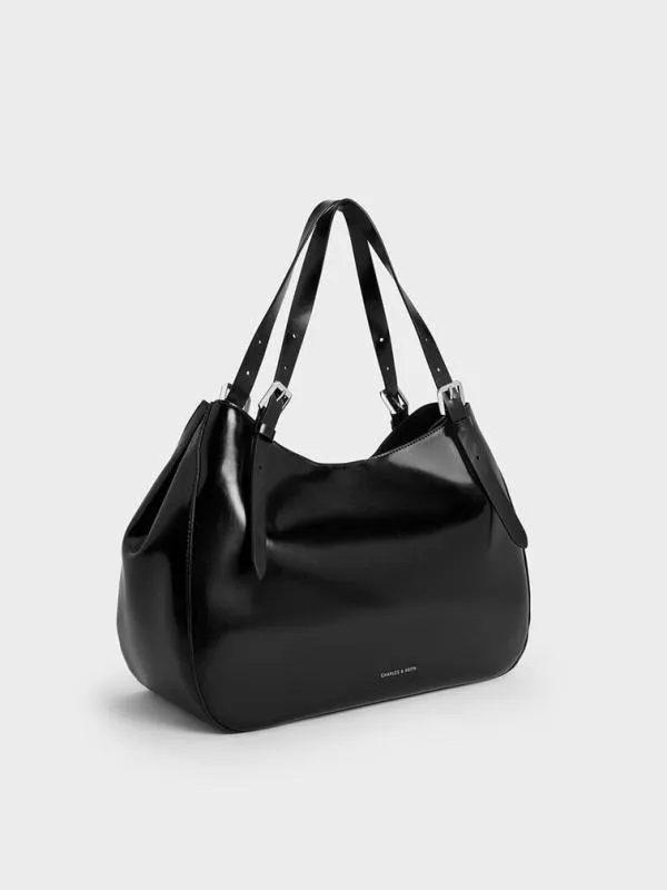 Women BuckleStrap Slouchy Tote Bag 8211 Noir CHARLES and KEITH Slouchy Bags