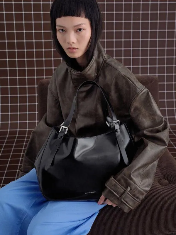 Women BuckleStrap Slouchy Tote Bag 8211 Noir CHARLES and KEITH Slouchy Bags