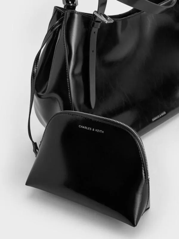 Women BuckleStrap Slouchy Tote Bag 8211 Noir CHARLES and KEITH Slouchy Bags