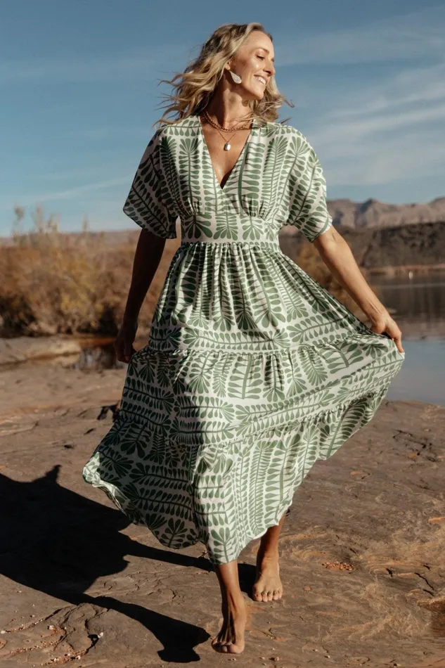 Women Bump Friendly Baltic Born Austin Kimono Dress Green Print