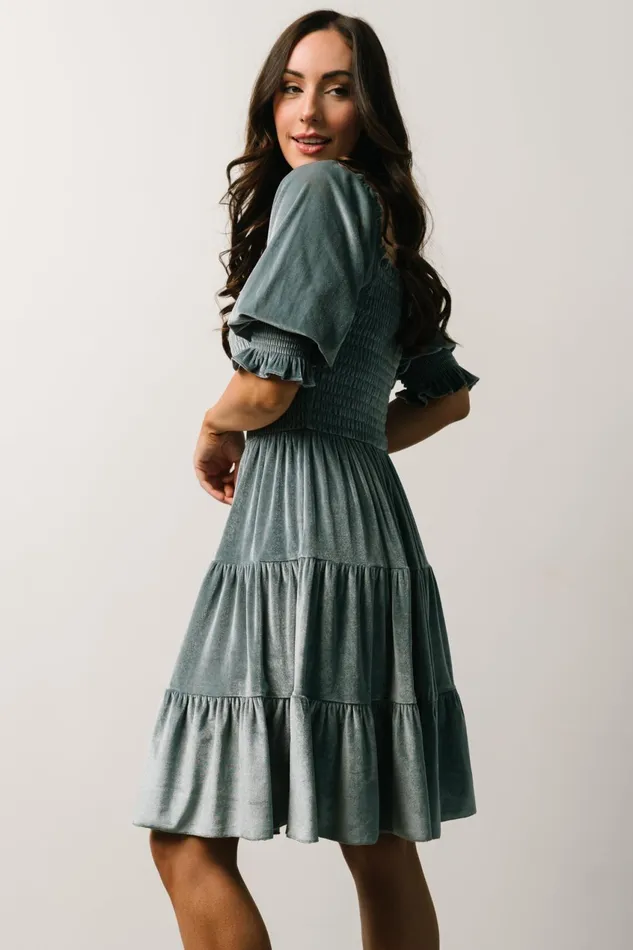 Women Bump Friendly Baltic Born Bliss Smocked Velvet Short Dress Dusty Blue