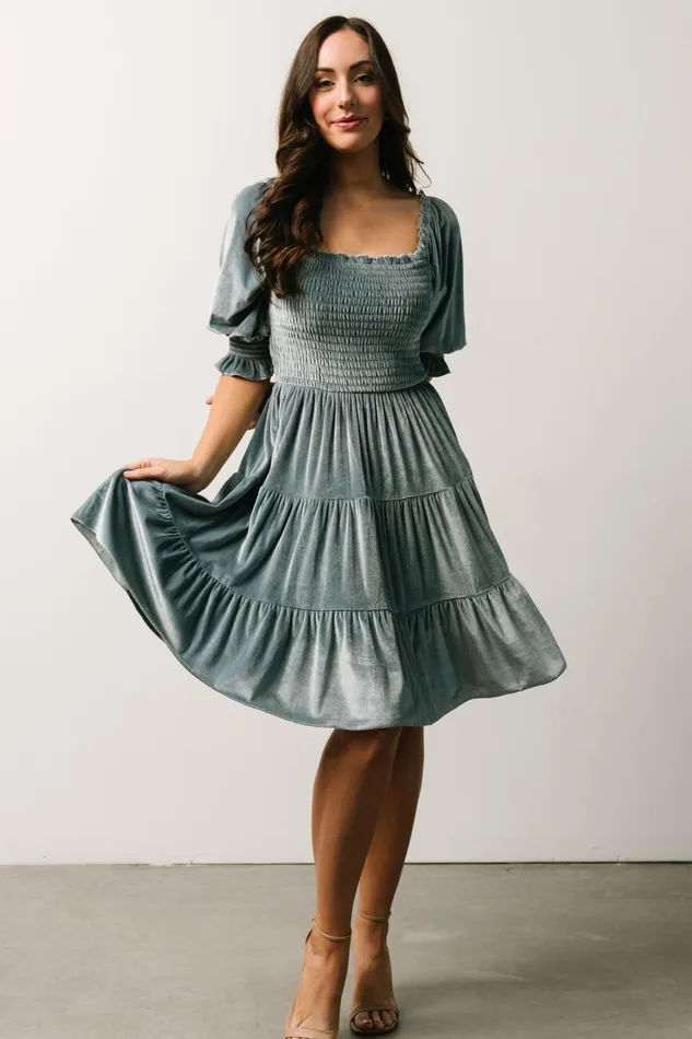 Women Bump Friendly Baltic Born Bliss Smocked Velvet Short Dress Dusty Blue