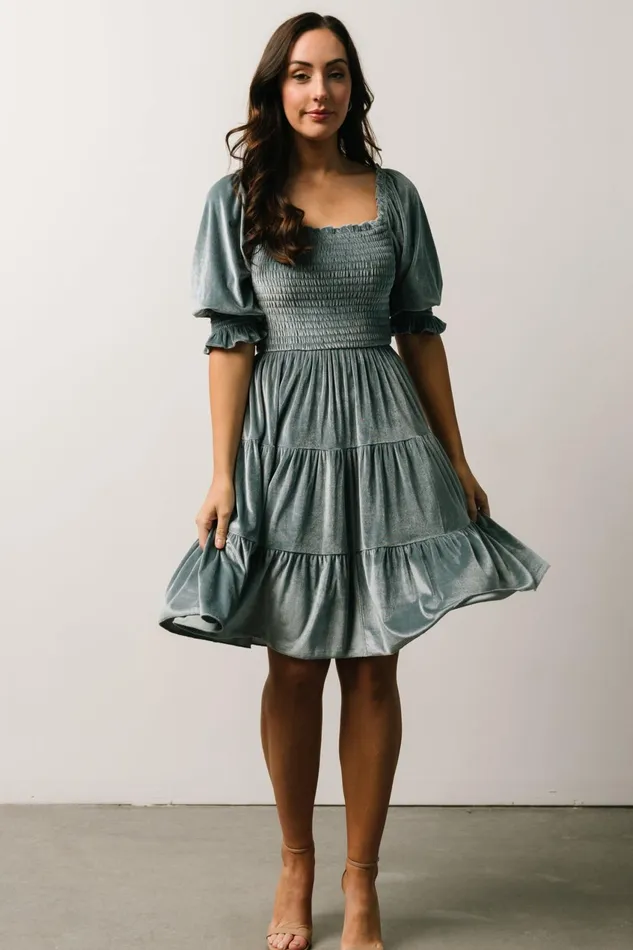 Women Bump Friendly Baltic Born Bliss Smocked Velvet Short Dress Dusty Blue
