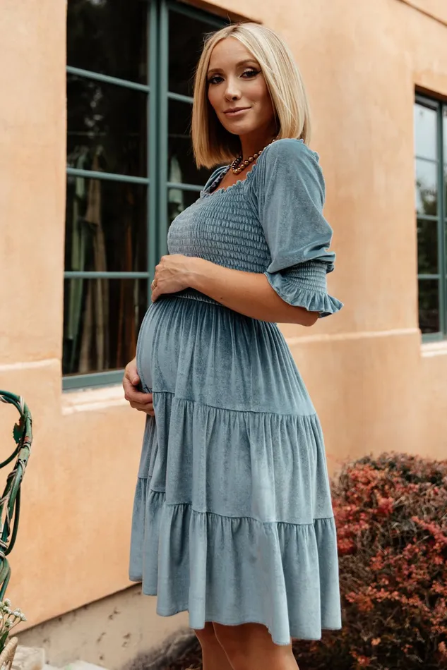 Women Bump Friendly Baltic Born Bliss Smocked Velvet Short Dress Dusty Blue