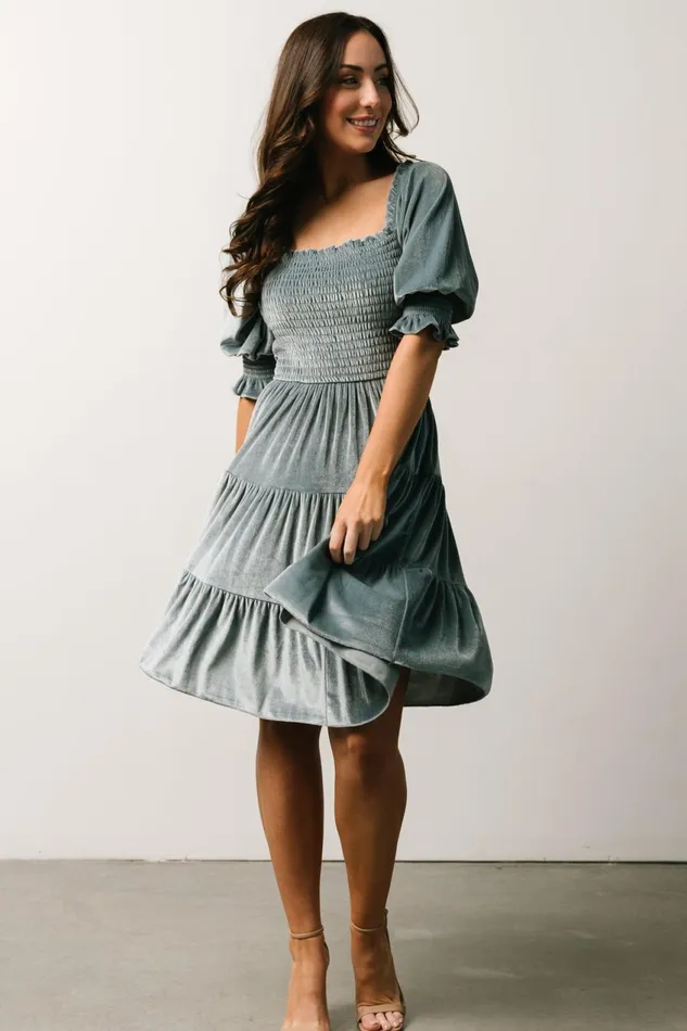 Women Bump Friendly Baltic Born Bliss Smocked Velvet Short Dress Dusty Blue