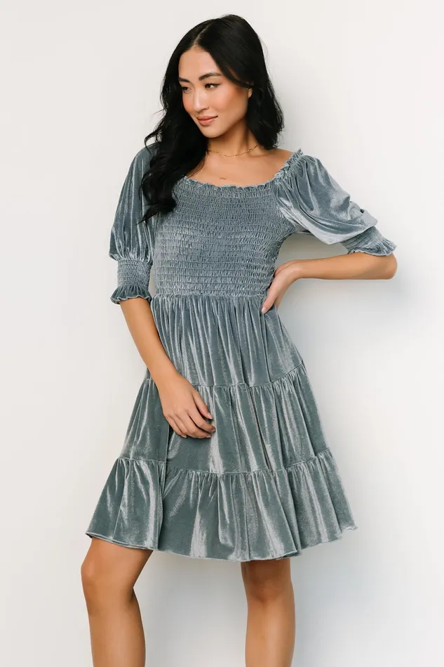 Women Bump Friendly Baltic Born Bliss Smocked Velvet Short Dress Dusty Blue