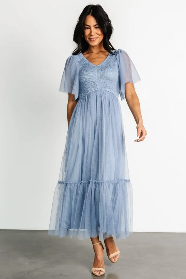 Women Bump Friendly Baltic Born Martha Smocked Tulle Dress Dusty Blue