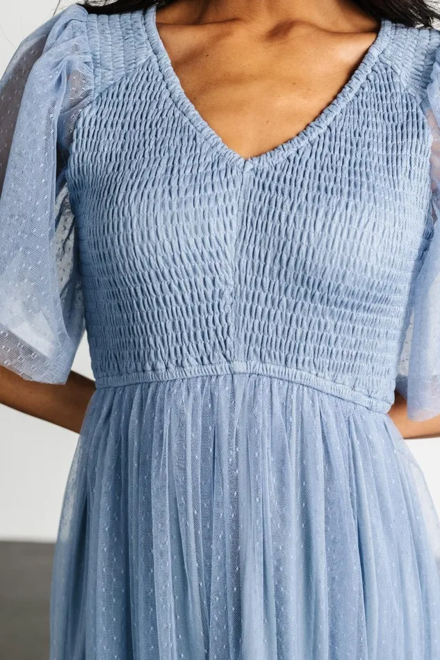 Women Bump Friendly Baltic Born Martha Smocked Tulle Dress Dusty Blue