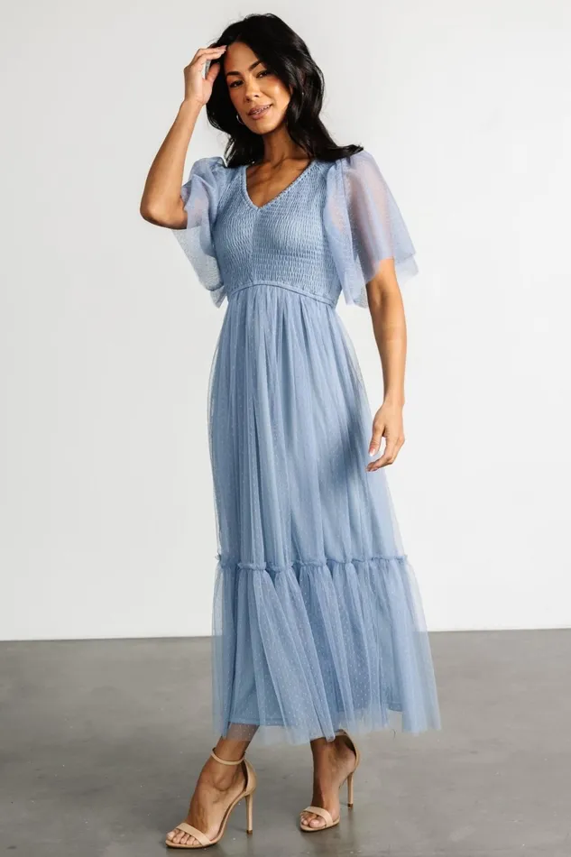Women Bump Friendly Baltic Born Martha Smocked Tulle Dress Dusty Blue