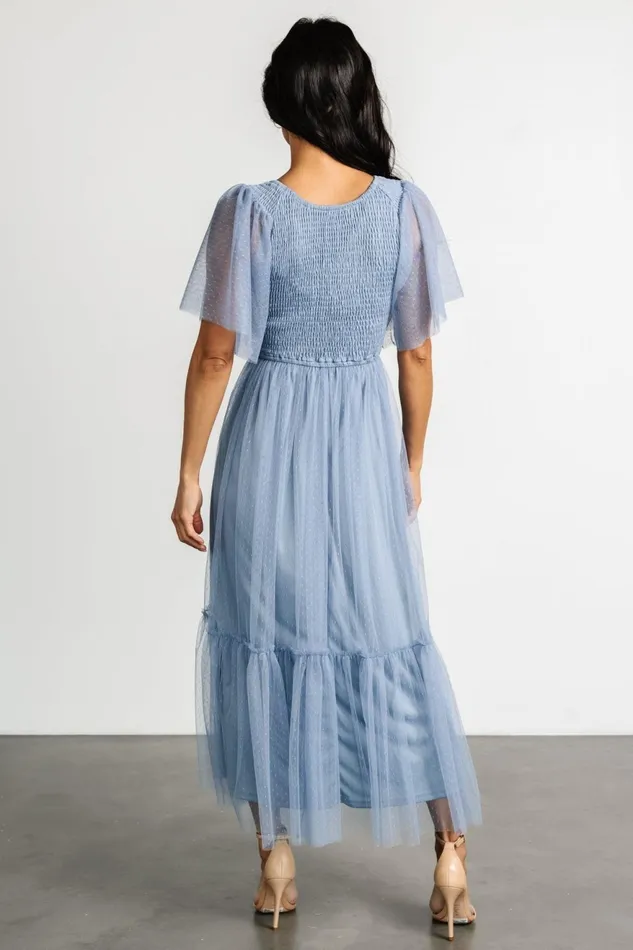 Women Bump Friendly Baltic Born Martha Smocked Tulle Dress Dusty Blue