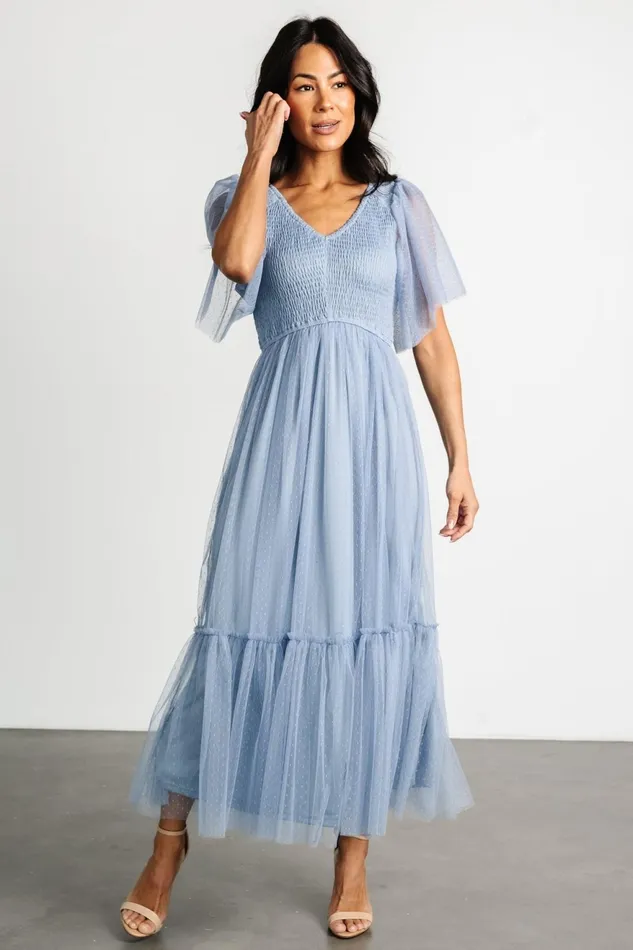 Women Bump Friendly Baltic Born Martha Smocked Tulle Dress Dusty Blue