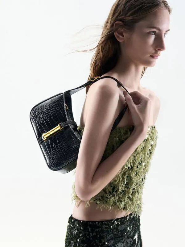 Women Cesia CrocEffect MetallicAccent Shoulder Bag 8211 Black CHARLES and KEITH Shoulder Bags
