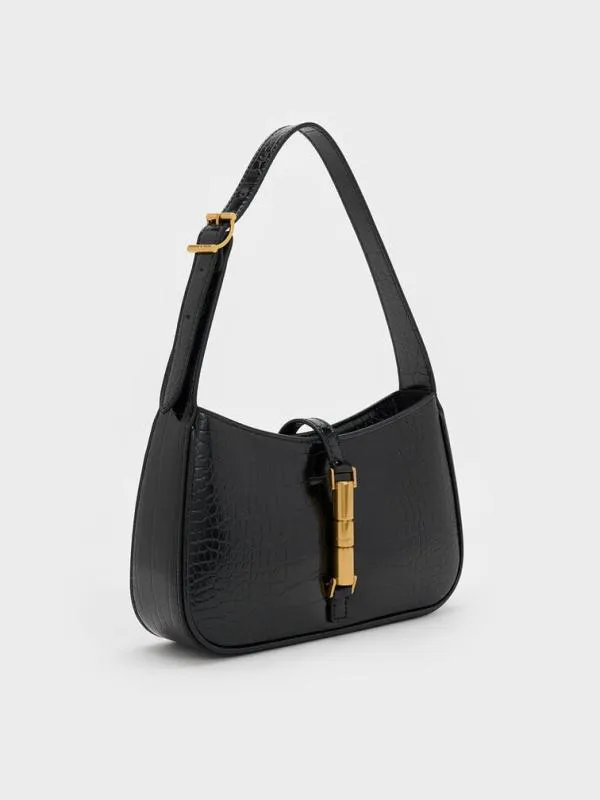 Women Cesia CrocEffect MetallicAccent Shoulder Bag 8211 Black CHARLES and KEITH Shoulder Bags