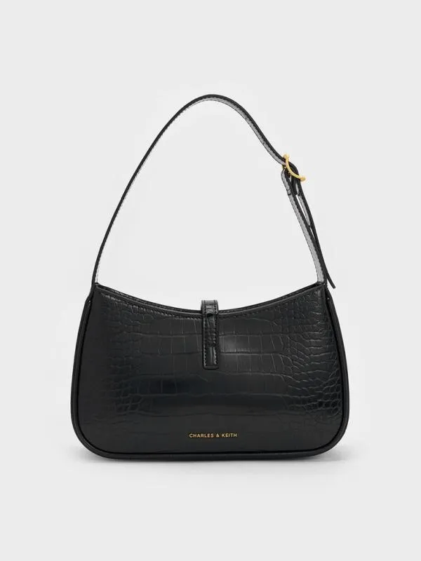 Women Cesia CrocEffect MetallicAccent Shoulder Bag 8211 Black CHARLES and KEITH Shoulder Bags