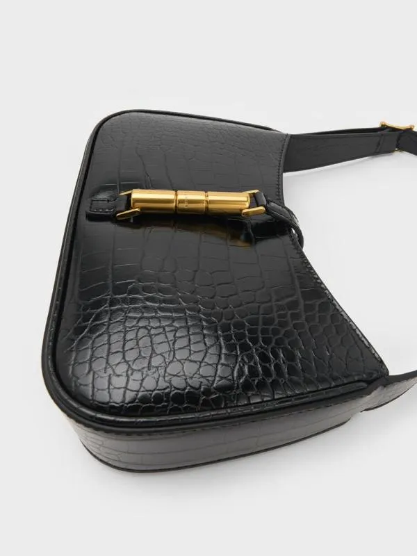 Women Cesia CrocEffect MetallicAccent Shoulder Bag 8211 Black CHARLES and KEITH Shoulder Bags