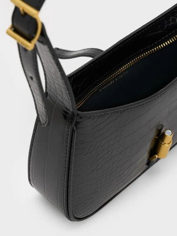 Women Cesia CrocEffect MetallicAccent Shoulder Bag 8211 Black CHARLES and KEITH Shoulder Bags