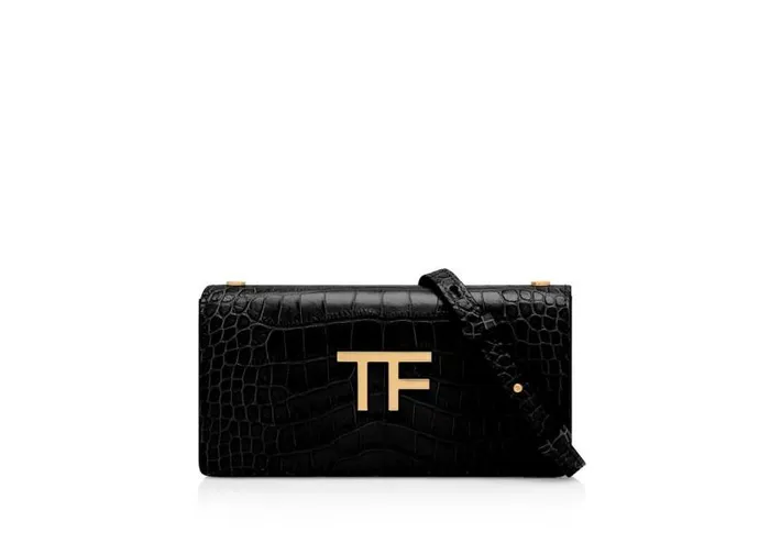 Women Clutches Tom Ford Shiny Stamped Crocodile Leather Tf Mini Bag Black