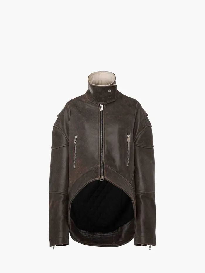 Women Coats and Jackets JW Anderson CURVED LEATHER HEM HIGH NECK JACKET Dark Brown Women Coats and Jackets JW Anderson CURVED LEATHER HEM HIGH NECK JACKET Dark Brown