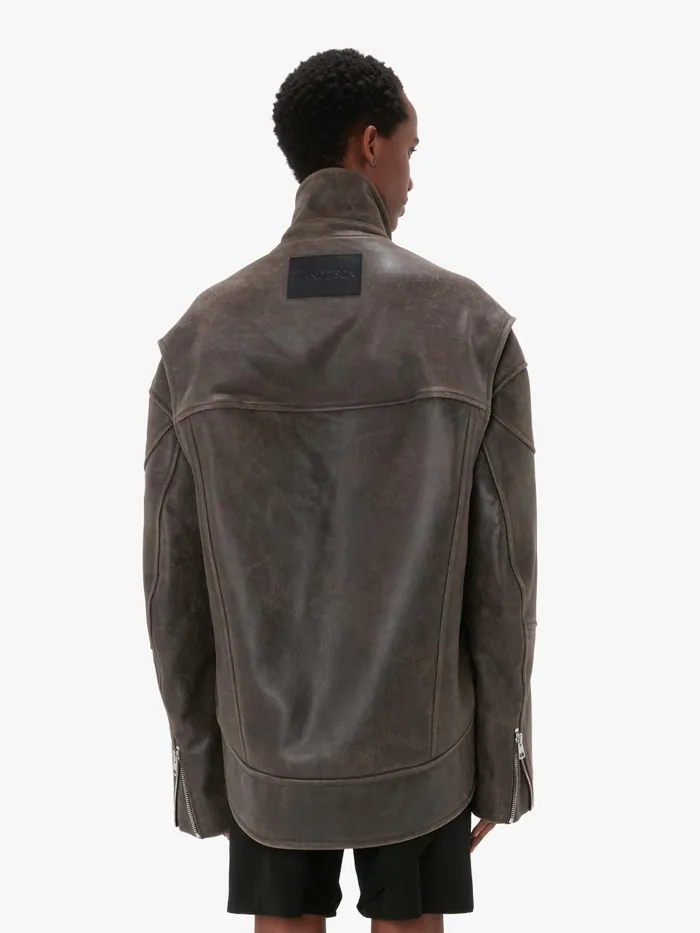 Women Coats and Jackets JW Anderson CURVED LEATHER HEM HIGH NECK JACKET Dark Brown
