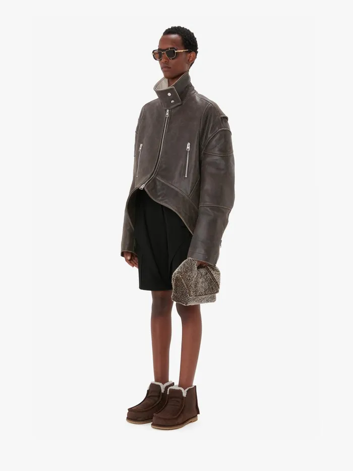 Women Coats and Jackets JW Anderson CURVED LEATHER HEM HIGH NECK JACKET Dark Brown