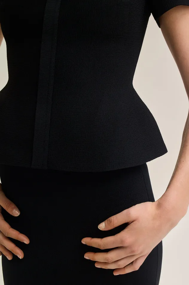Women CREPE KNIT SHORT SLEEVE PEPLUM JACKET BLACK Jackets Scanlan Theodore Women CREPE KNIT SHORT SLEEVE PEPLUM JACKET BLACK Jackets Scanlan Theodore