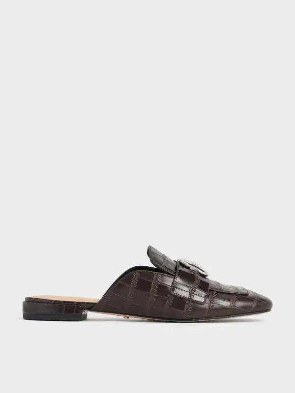 Women CrocEffect Leather MetallicAccent Loafer Mules 8211 Dark Brown CHARLES and KEITH Flats Women CrocEffect Leather MetallicAccent Loafer Mules 8211 Dark Brown CHARLES and KEITH Flats