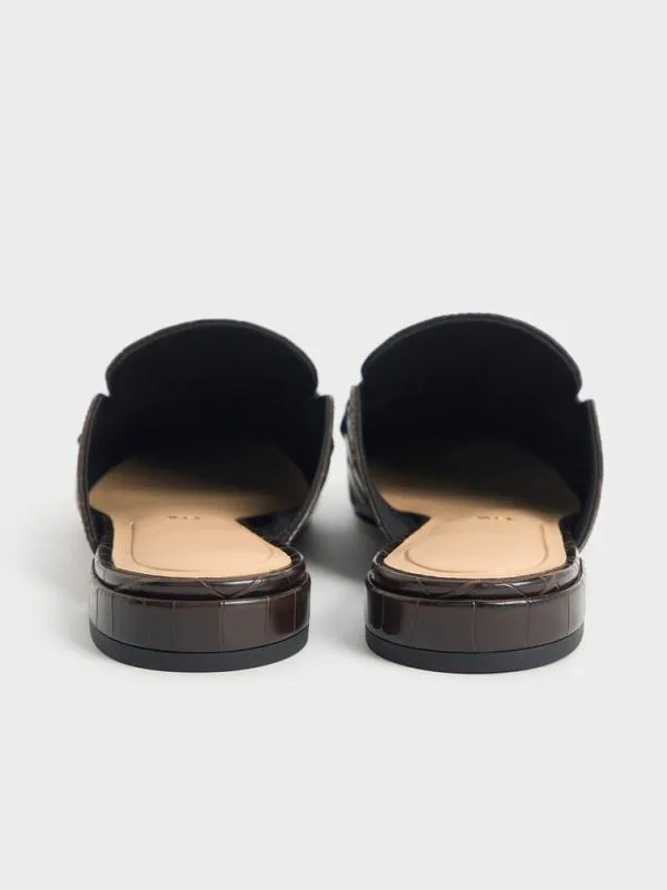 Women CrocEffect Leather MetallicAccent Loafer Mules 8211 Dark Brown CHARLES and KEITH Flats