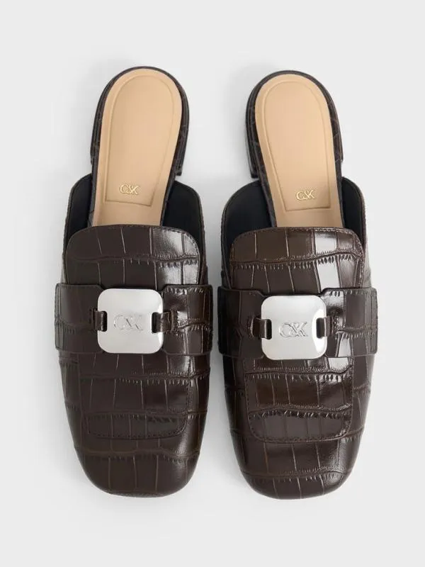 Women CrocEffect Leather MetallicAccent Loafer Mules 8211 Dark Brown CHARLES and KEITH Flats