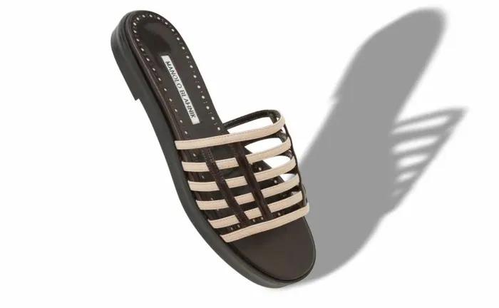Women Dark Cream And Brown Nappa Leather Sandals Manolo Blahnik Flats