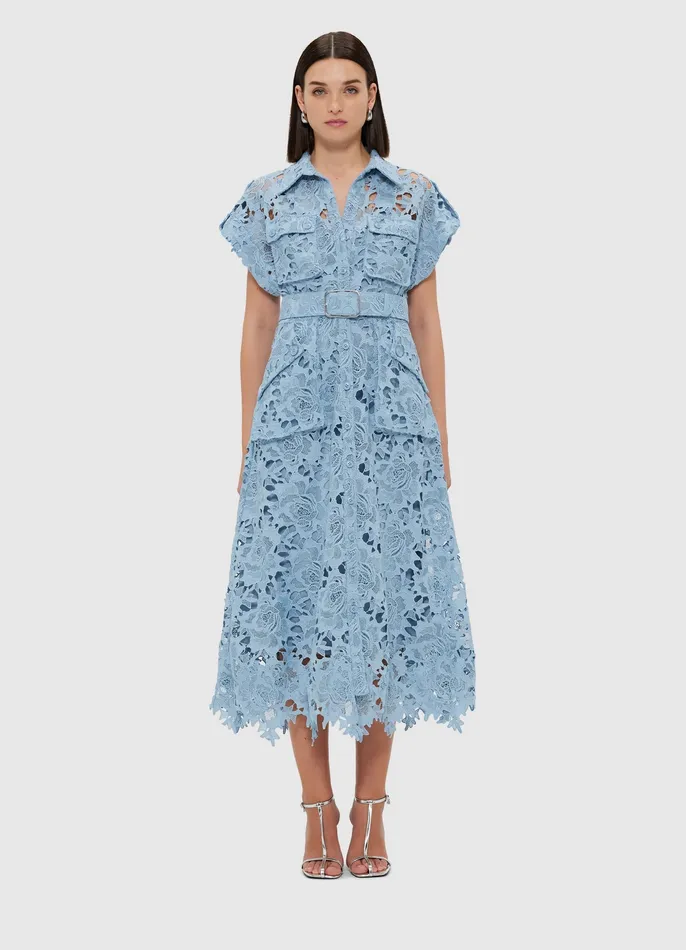 Women Dresses and Jumpsuits LEO LIN Audrey Lace Pocket Shirt Midi Dress 8211 Powder Blue