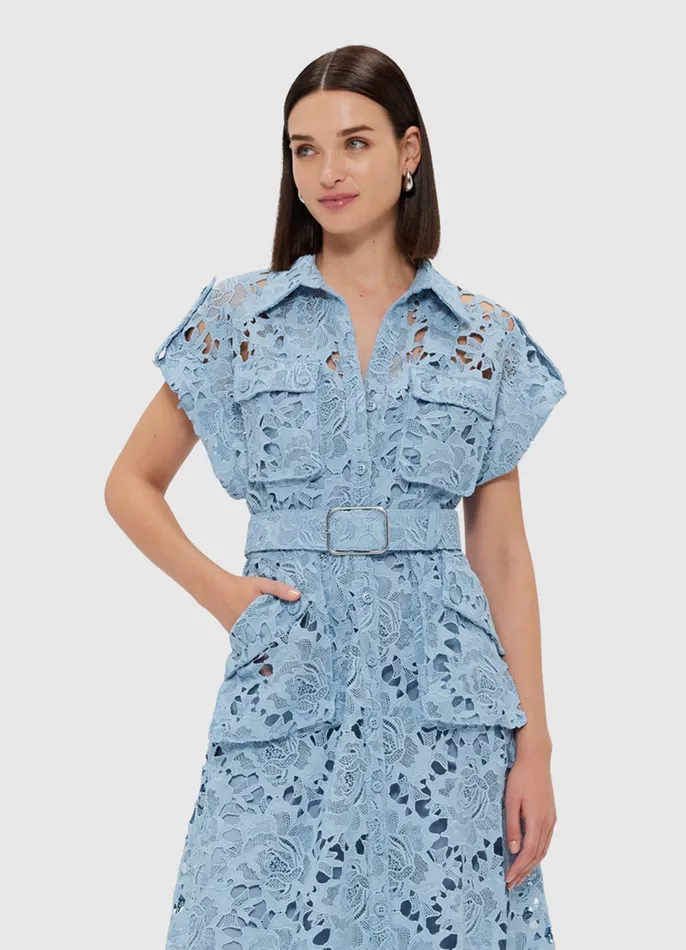 Women Dresses and Jumpsuits LEO LIN Audrey Lace Pocket Shirt Midi Dress 8211 Powder Blue